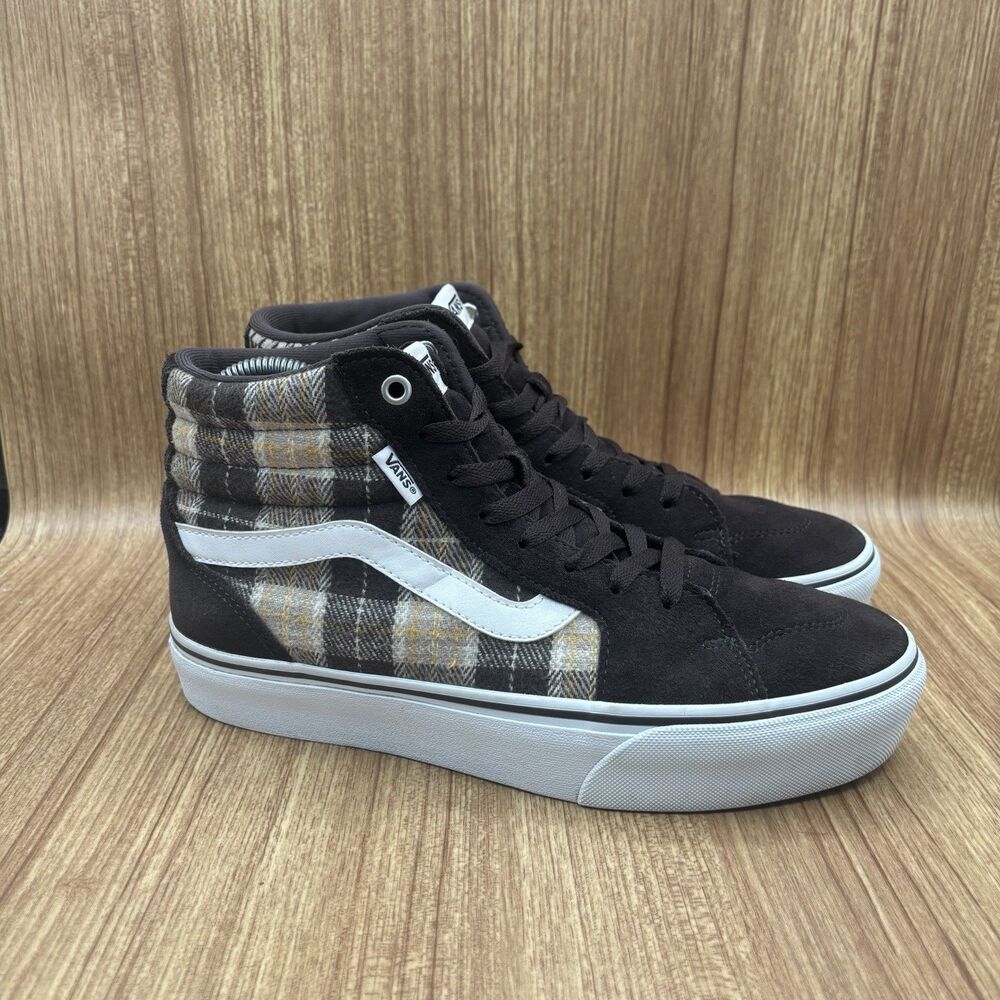 VANS WOMENS FILMORE HI PLAID SHOES SIZE‎ 9.5 Brown Beige Suede Sneakers